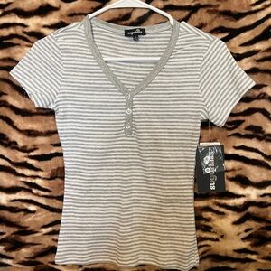 Sugarlips Gray Stripe Short Sleeve Henley Tee